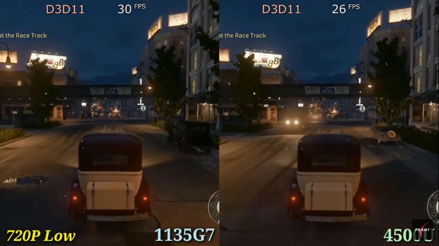 Comparison of 1135g7 Intel Xe G7 (left) vs 4500u Vega 6 (right) graphics cards in game “Mafia: Definitive Edition”.